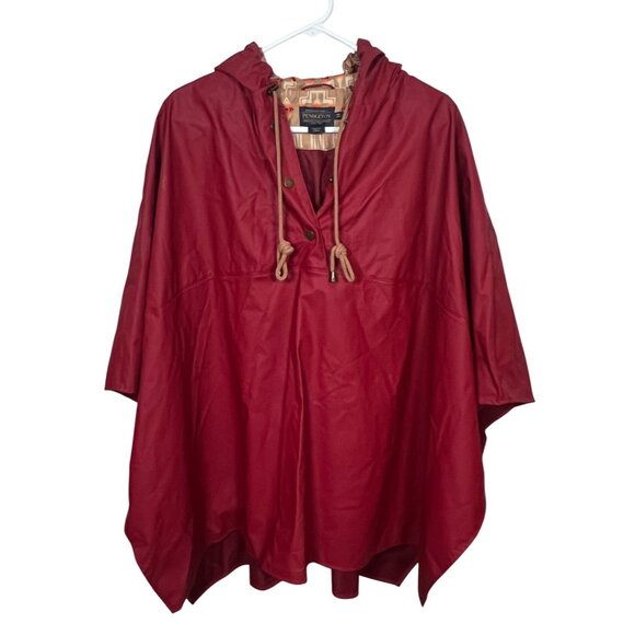 NEW OS Pendleton Rain Coat Poncho Red Hooded Southwestern Print Lining - Picture 1 of 7
